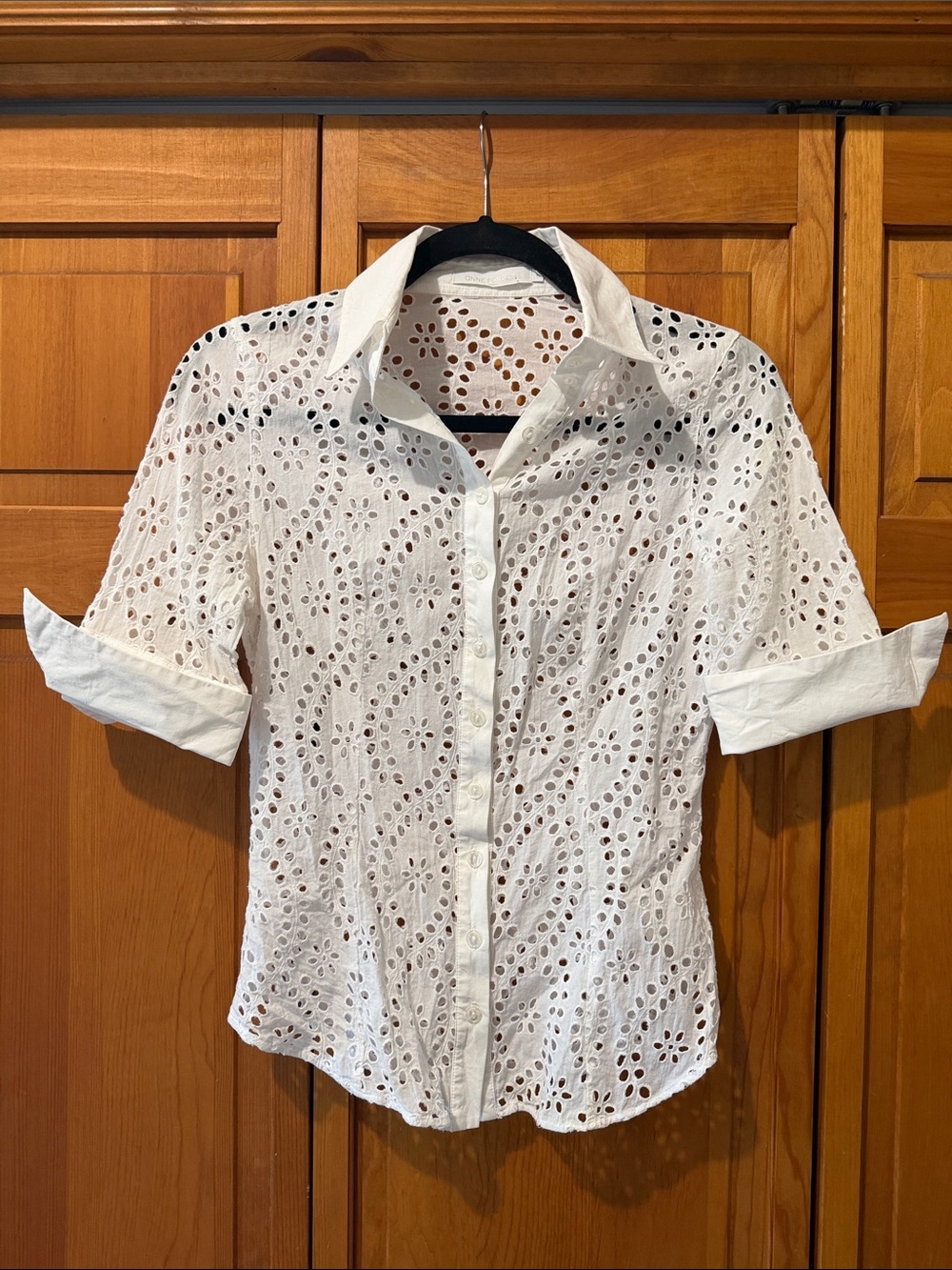 Anne Fontaine White Eyelet Michaela Button Down Short Sleeve Top